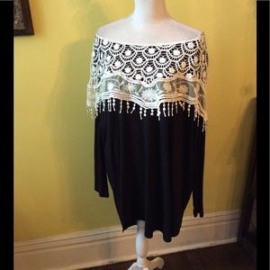 Bellamie Off Shoulder Black Tunic Cream Lace Sz L